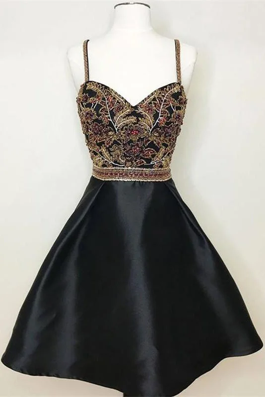 New Arrival Black Spaghetti Straps A Line Beading Homecoming Dress OKO58